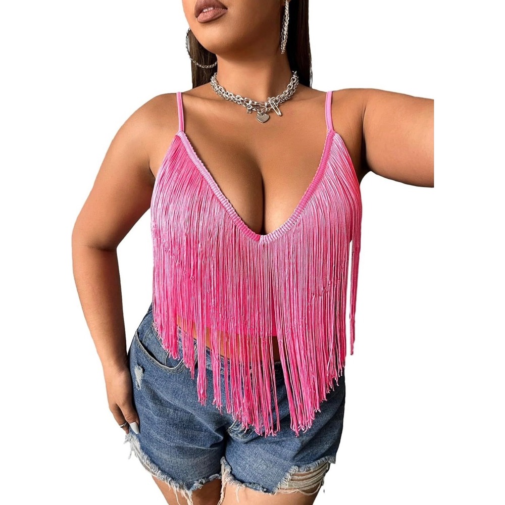 WDIRARA Women Plus Size Pink Fringe V-Neck Spaghetti Strap‎ Club Crop Cami 4XL